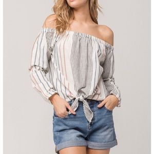 Roxy Off Shoulder White Stripe Tie Front Top S